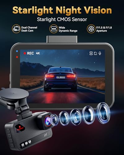 TERUNSOUl 4K+4K Dash Cam Front and Rear, Free 128GB Card Included, 5.8GHz WiFi Dash Camera for Cars, Built-in GPS, G-Sensor, 170°Wide Angle, 3" IPS Screen, 24H Parking Mode, Support 512GB Max 3