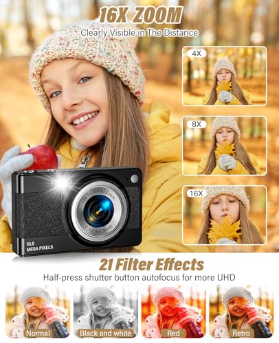 2025 New Digital Camera, 56MP FHD 1080P for Kids with 16x Digital Zoom Anti Shake, Face Detect, Smile Capture, 32GB TF Card, Battery, Lanyard, a Great Gift for Boys & Girls（Black） 4