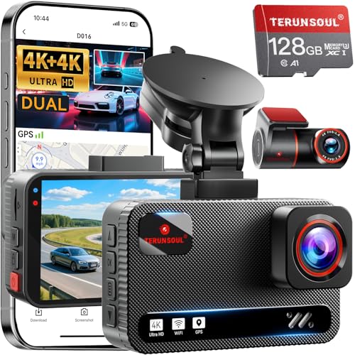 TERUNSOUl 4K+4K Dash Cam Front and Rear, Free 128GB Card Included, 5.8GHz WiFi Dash Camera for Cars, Built-in GPS, G-Sensor, 170°Wide Angle, 3" IPS Screen, 24H Parking Mode, Support 512GB Max 1