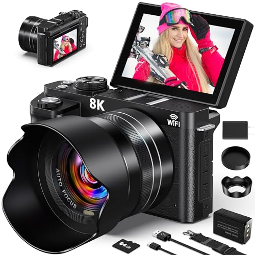 8K Digital Cameras for Photography - WiFi 88MP Autofocus Vlogging Camera for YouTube with 3" 180° Flip Screen - UHD Video Camara Gifts for Beginner Photographer with 18X Zoom, Lens Hood, 64GB Card 1