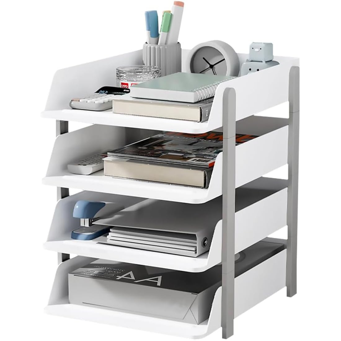 Cortina 4-Tier File Organizer, Premium Polystyrene Desk Rack, Foldable Document Holder with Dividers - Space-Saving Office & Home Paper Storage, Cloth organiser (Grey) 4