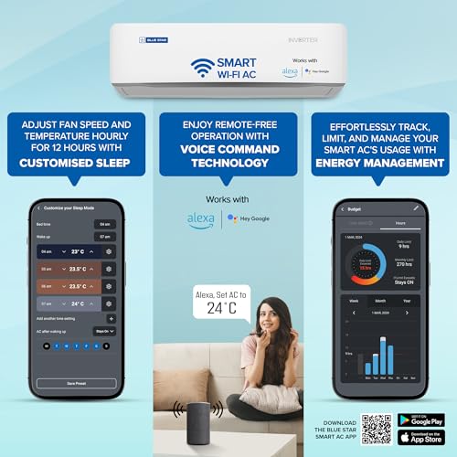 Blue Star 1.5 Ton 5 Star, 60 Months Warranty, Wi-Fi Smart Inverter Split AC (Copper, Convertible 5 in 1 Cooling, AI Pro, DigiQ Hepta Sensors, 4 Way Swing, IE518ZNURS, White) 5