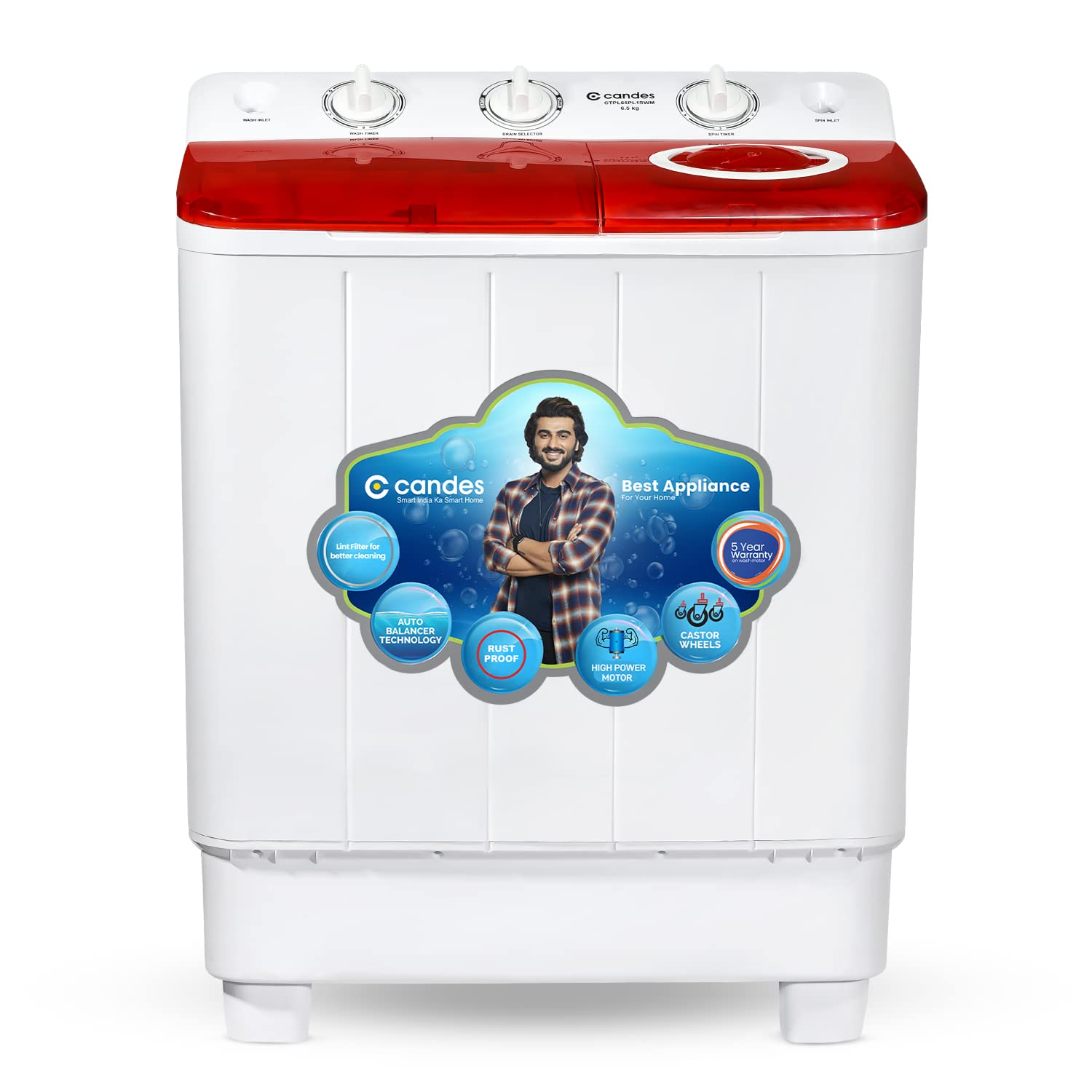 Candes 6.5 kg washing machine semi automatic | Multi Washing Method | Low Water Conusmption | 5 Year Warranty on Moter | (CTPL65PL1SWM), Marron Red 2023 Model 1