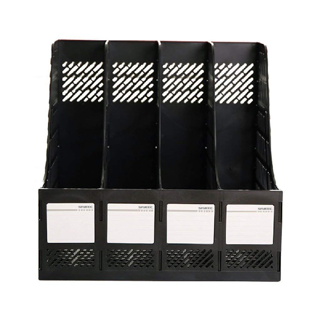 PRANIJ Desktop Magazine Holder Countertop Desk File Organizer 4 Compartments | Plastic Vertical File Dividers Book Holder & Cabinet Document Storage Rack (Black, Step Shelf) 3