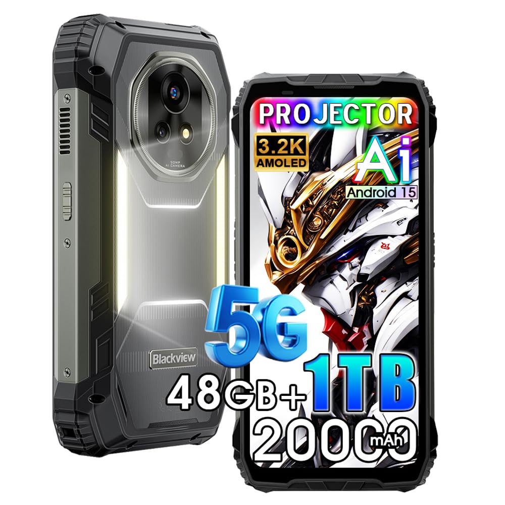 Blackview XPLORE 2 (48GB+1TB) Rugged Smartphone with Projector – 6.73" 120Hz AMOLED, 5G Dimensity 8300, 20000mAh / 120W Charging, 50MP Camera, Android 15, 467LM Dual Camp Lights WiFi 6E IP69K 1