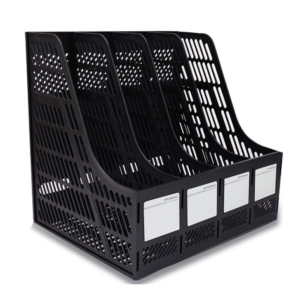 PRANIJ Desktop Magazine Holder Countertop Desk File Organizer 4 Compartments | Plastic Vertical File Dividers Book Holder & Cabinet Document Storage Rack (Black, Step Shelf) 1