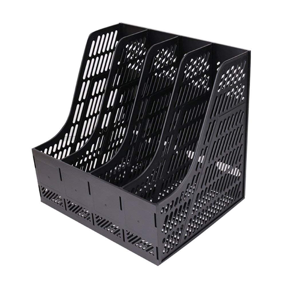 PRANIJ Desktop Magazine Holder Countertop Desk File Organizer 4 Compartments | Plastic Vertical File Dividers Book Holder & Cabinet Document Storage Rack (Black, Step Shelf) 5