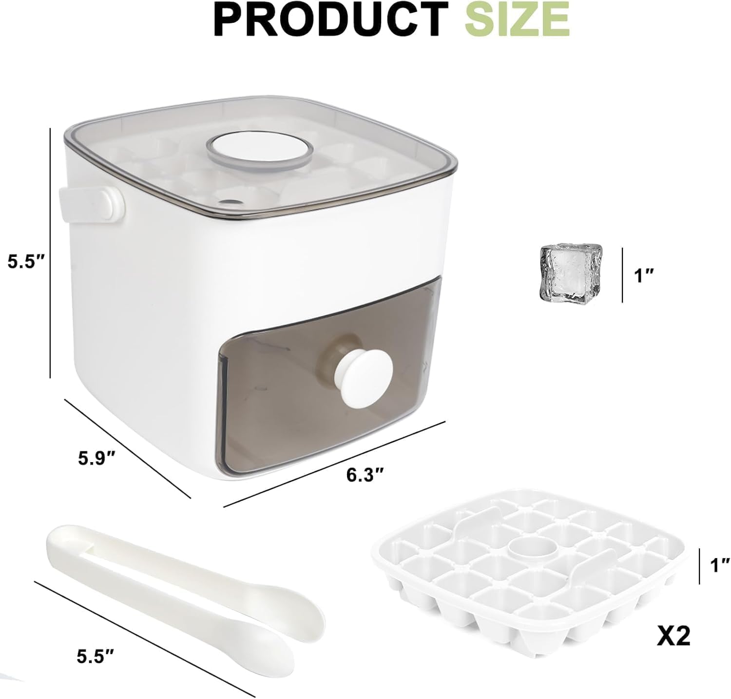Ice Cube Maker Storage Box with Push Release Lid, Removable Ice Trays, Front Pull-Out Ice Bin, Carry Handle, Includes Scoop 3