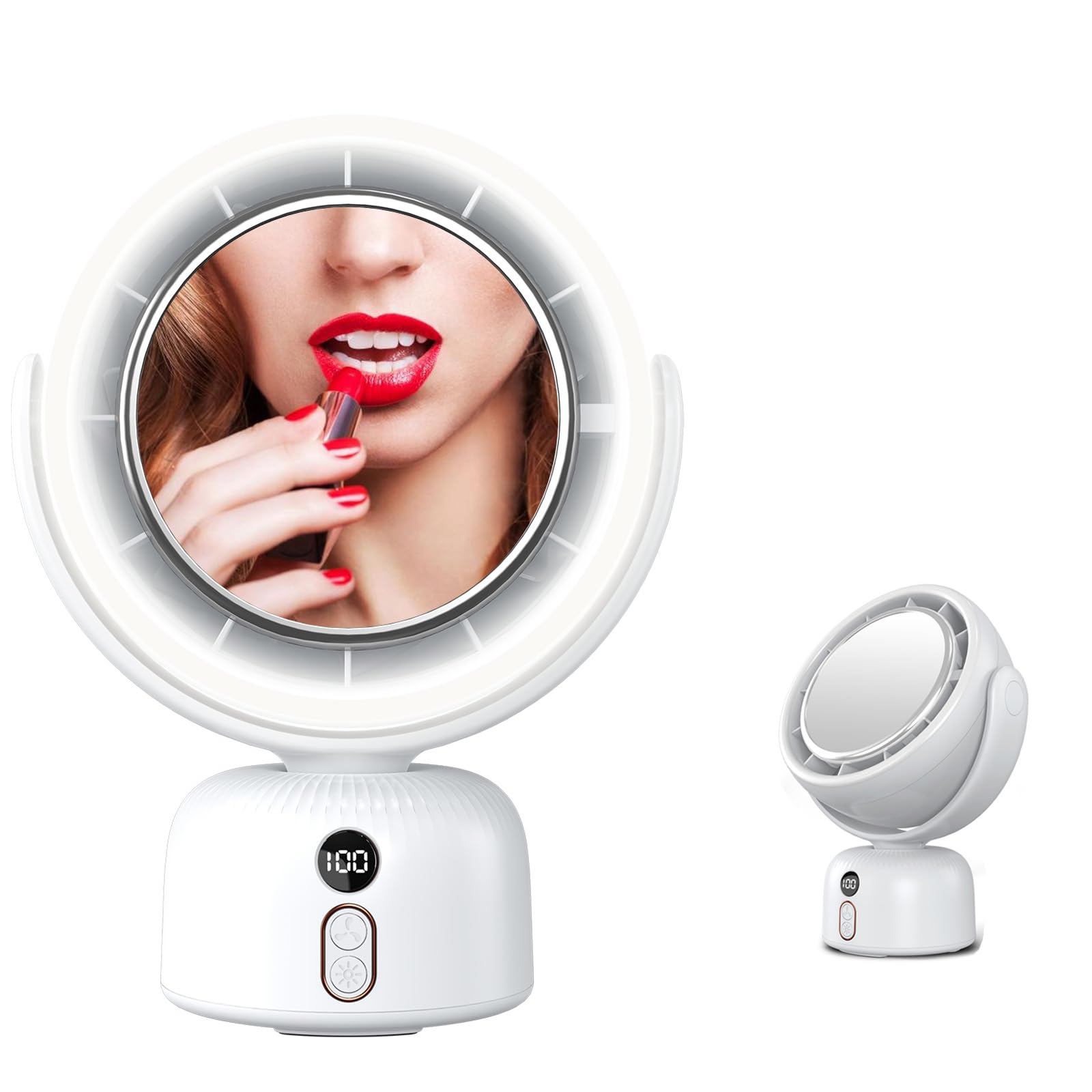 Rechargeable table Fan, Portable Fan with LED Makeup Mirror LED Vanity Mirror 5-Speed Quiet Cooling |Dimming led vanity mirror with light fan | USB-Powered Portable Fan For Home/Office/Outdoor (white) 2
