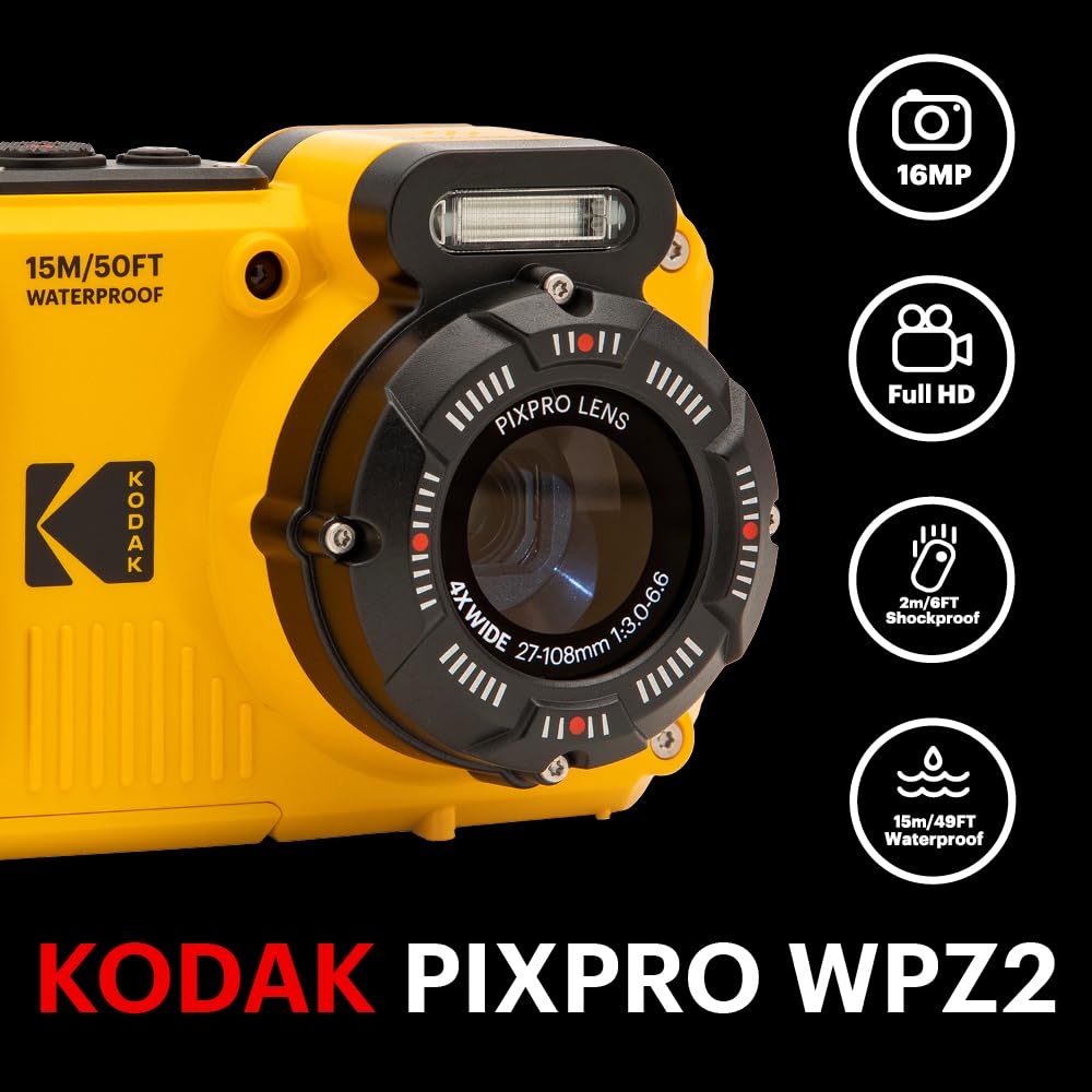 KODAK PIXPRO WPZ2 Rugged Waterproof Shockproof Dustproof WiFi Digital Camera 16MP 4X Optical Zoom 1080P Full HD Video Vlogging Camera 2.7" LCD (Yellow) 3