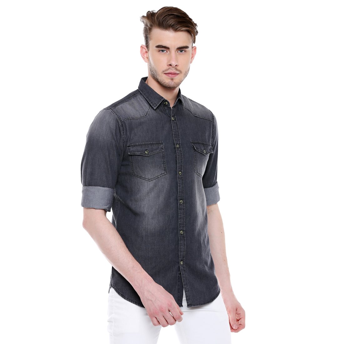 Dennis Lingo Men's Denim Grey Slim Fit Casual Shirt (C501_Grey_XL) 1