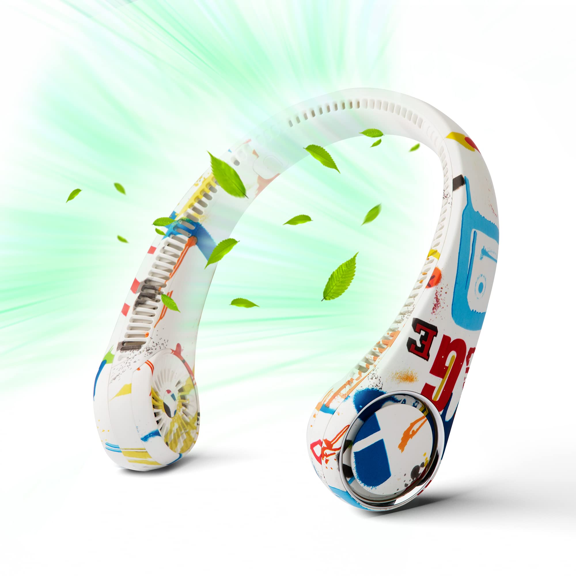 Portable Neck Fan, Hands Free Bladeless Fan, 360° Cooling Personal Fan,Wearable Quiet Fan for Outdoor Indoor, Birthday Gifts for Men Women Mom Dad, 4000mAh Battery USB Rechargeable（White Graffiti） 1
