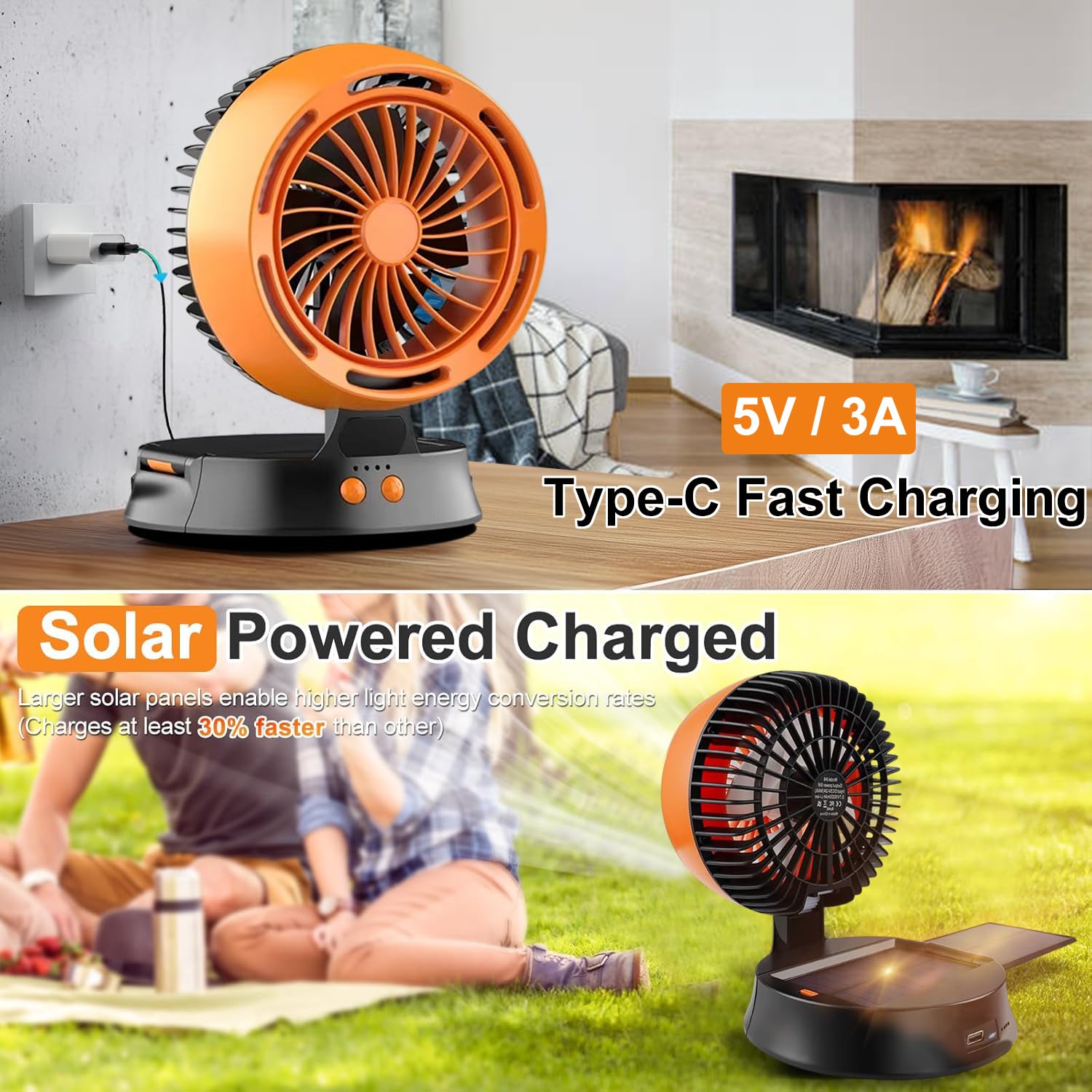 Solar Powered Fan with Lights, Portable Solar Camping Fan Rechargeable Battery Powered, 4 Speeds Quiet Detachable Panel Camping Essentials for Office Outside Tent Travel BBQ Fishing Hurricane Outages 4