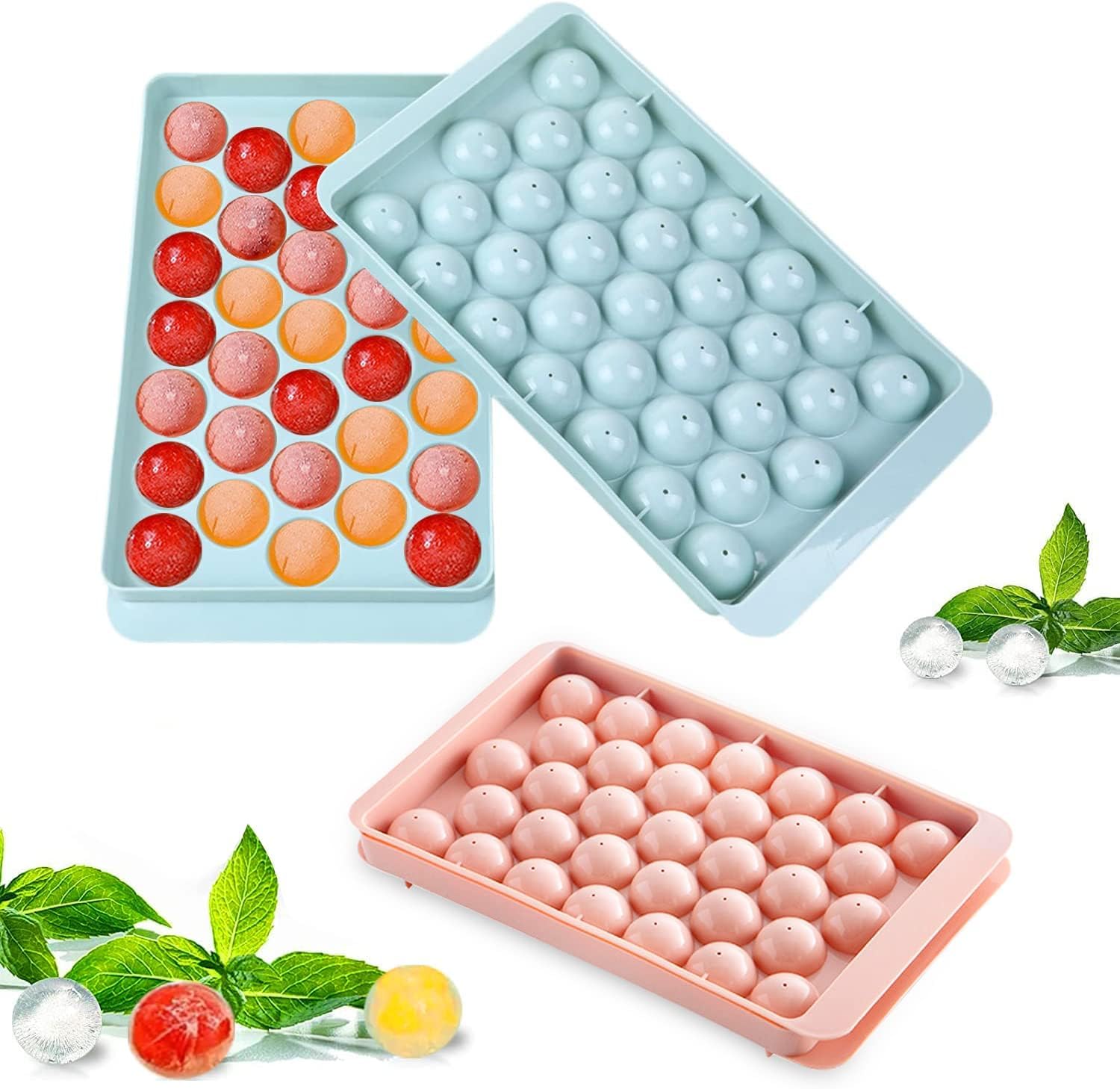 SAMEZONE Plastic Reusable Flexible Round Ice Cube Trays, 33 Cavity Mini Round Ice Plastic Tray Molds for Whiskey & Cocktails, Keep Drinks Chilled Ice Cube Trays for Freezer Multicolor (Pack of 2) 1