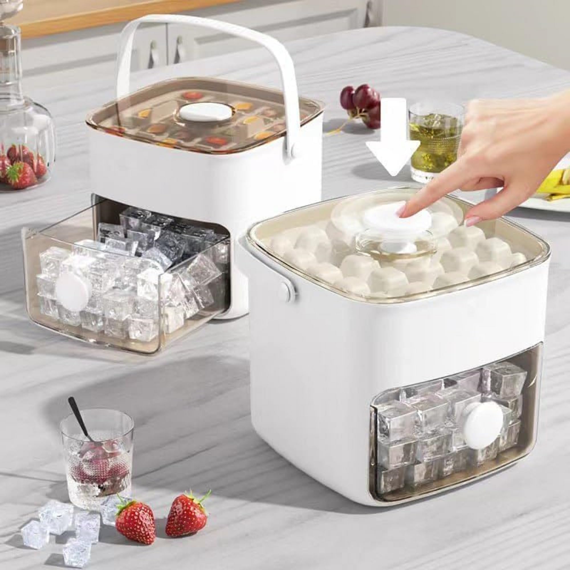 Ice Cube Maker Storage Box with Push Release Lid, Removable Ice Trays, Front Pull-Out Ice Bin, Carry Handle, Includes Scoop 4