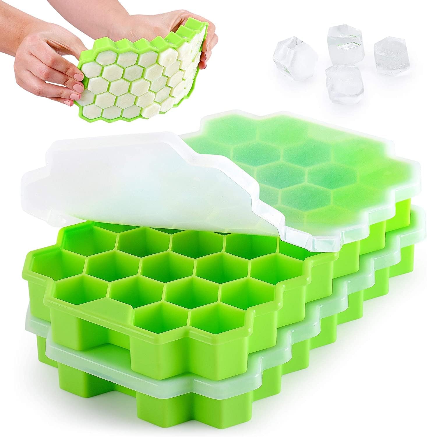 2 Pcs Ice Cube Trays Silicone Ice Cube Molds, Easy-Release and Flexible 37 Ice Trays BPA Free, for Whiskey Cocktail, Stackable and Safe Ice Honeycomb Small Cubes Fridge Bar Soft Tray (with Lid) (2) 1