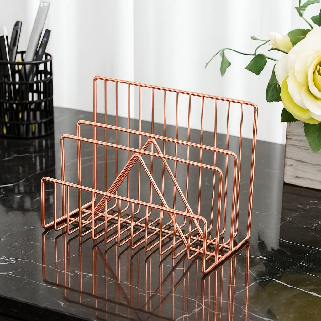 CentraLit File & Magazine Holder - Book Shelf Organiser Small book shelf for table Metal Letter Organiser with 3 Compartments,Letter Document Sorter (Rose Gold),Free Standing,Accent Shelf 3