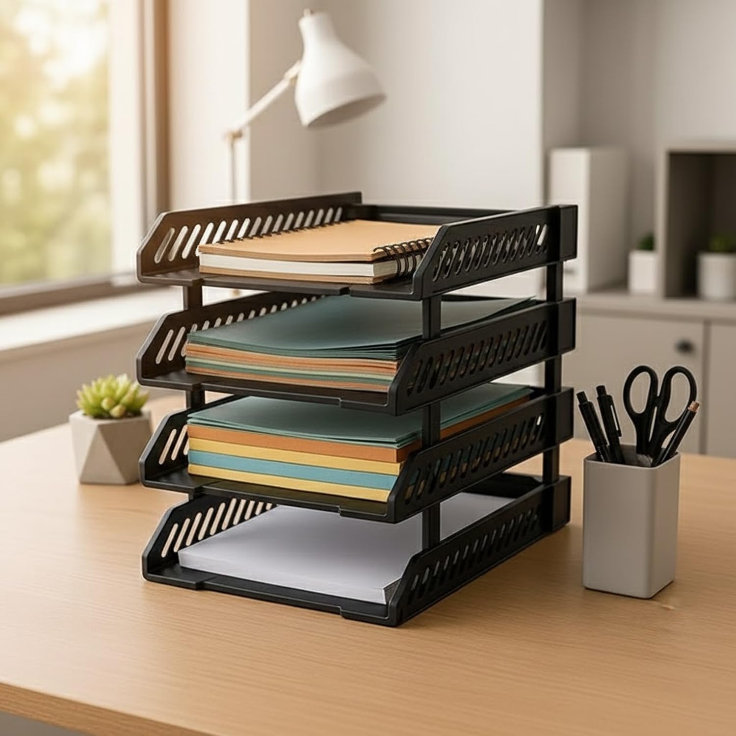 Oblivion Multifunctional Tiered Shelf Freestanding File Rack With Drawers-4-Layer Desktop Storage Organizer For Office Supplies,Adjustable For A4/Letter Size,Sturdy & Space-Saving For Home Or Office 4