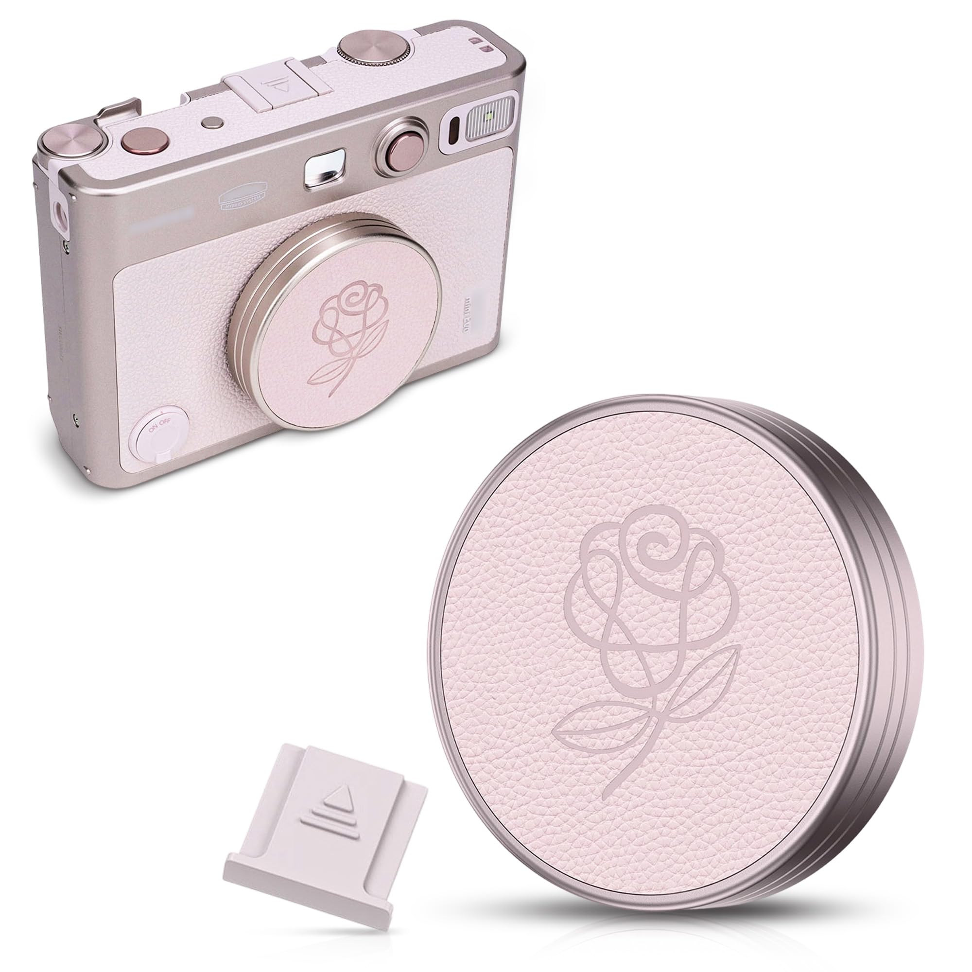 Pink Lens Cap for Fujifilm Insta Mini EVO, Retro Leather Aluminum Anti-Dust Anti-Scratches Lightweight Camera Lens Cover with Rose Pattern, Accessories for Fuji Mini Evo Lens Protection Cover 1