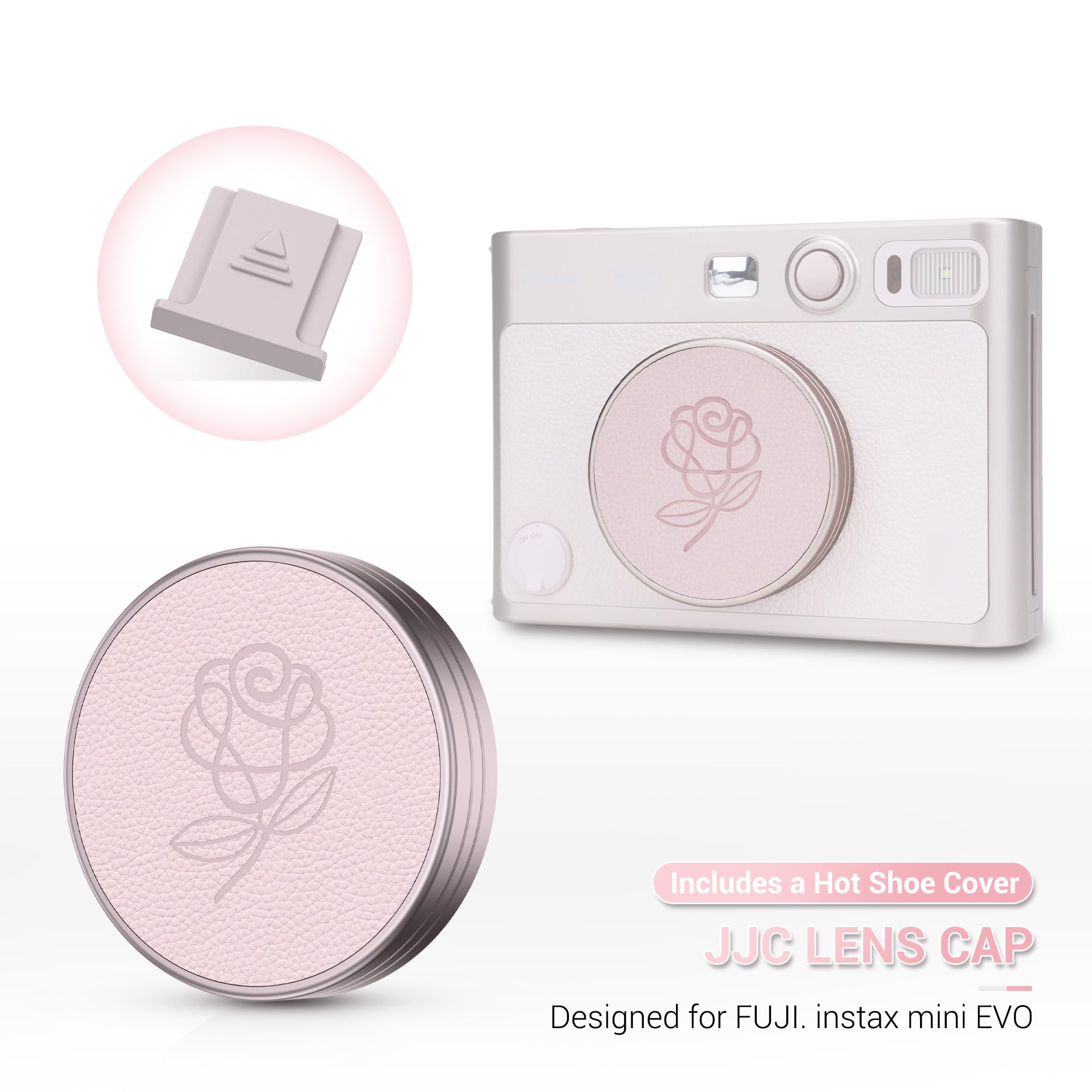 Pink Lens Cap for Fujifilm Insta Mini EVO, Retro Leather Aluminum Anti-Dust Anti-Scratches Lightweight Camera Lens Cover with Rose Pattern, Accessories for Fuji Mini Evo Lens Protection Cover 4
