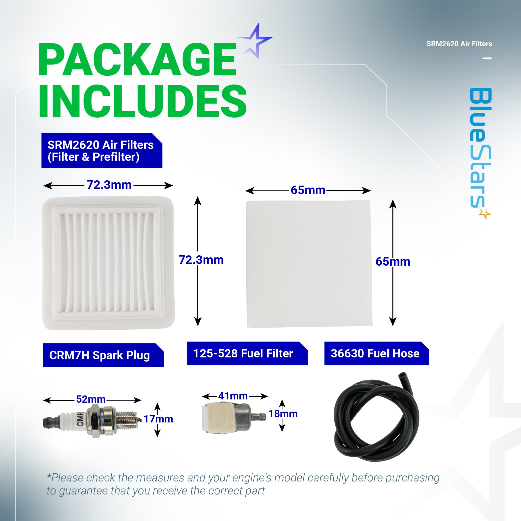 BlueStars SRM-2620 Air Filter - Compatible with Echo BRD-2620 PAS-2620 SRM-3020 A226002030 A226002040 Shindaiwa AH262 T262X LE262 EB262 C302 T302X Trimmer Brushcutter SRM 2620 Fuel Filter Spark Plug 3
