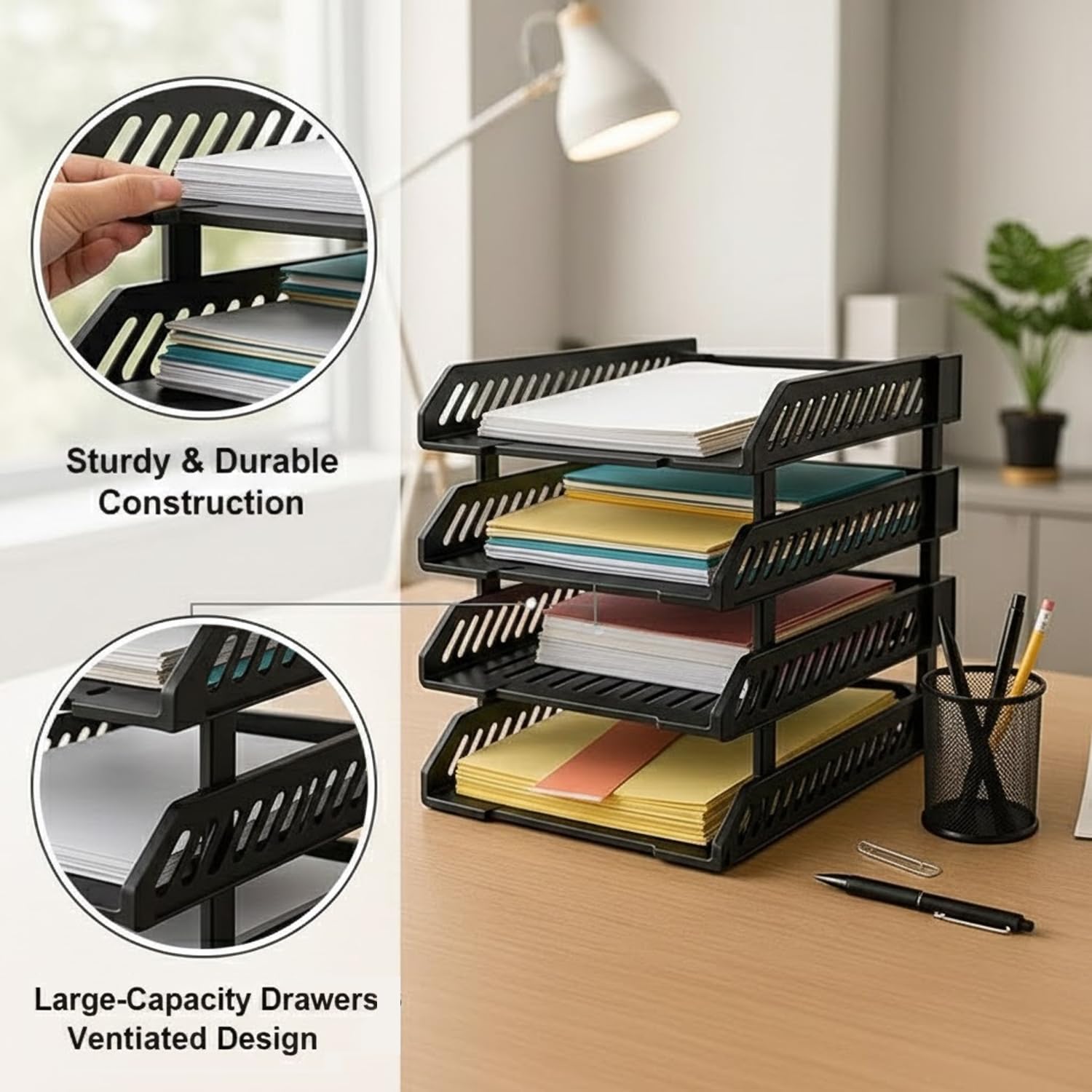 Oblivion Multifunctional Tiered Shelf Freestanding File Rack With Drawers-4-Layer Desktop Storage Organizer For Office Supplies,Adjustable For A4/Letter Size,Sturdy & Space-Saving For Home Or Office 3