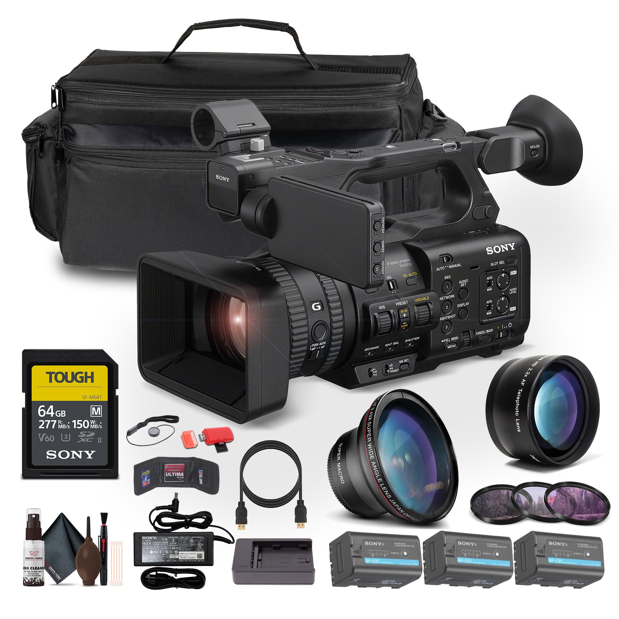 Sony PXW-Z200 4K 1" CMOS Sensor XDCAM Camcorder W/ 2 x BP-U35 Battery + 64GB SF-M Tough Series Memory Card + Large Case + Telephoto Lens + Card Reader + Filter Kit + Wide Angle Lens + More 1