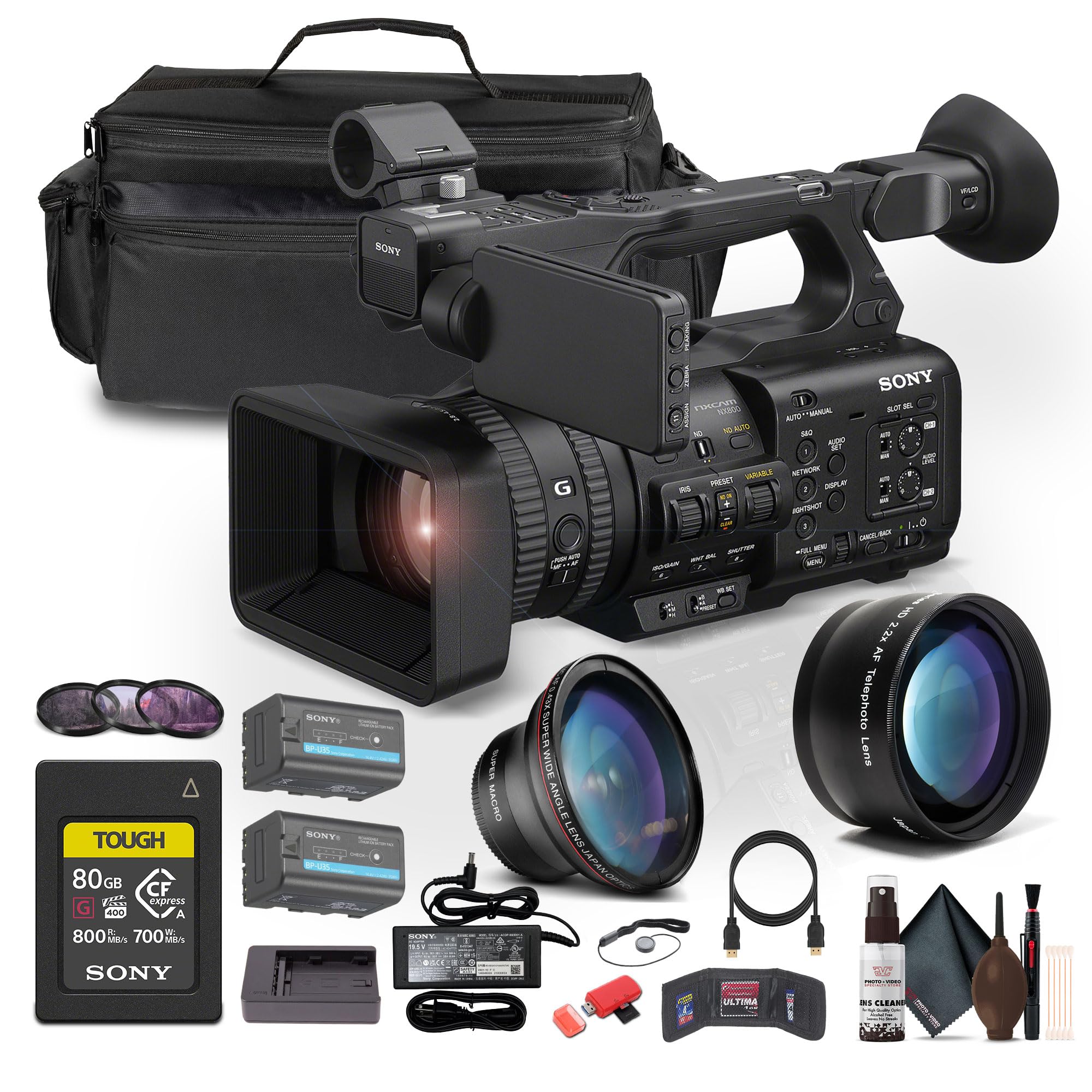 Sony HXR-NX800 4K HDR 1" Sensor NXCAM Camcorder (HXR-NX800) W 80GB CFexpress Card + BP-U35 Battery + Large Case + Telephoto Lens + Card Reader + Filter Kit + Wide Angle Lens + More 1