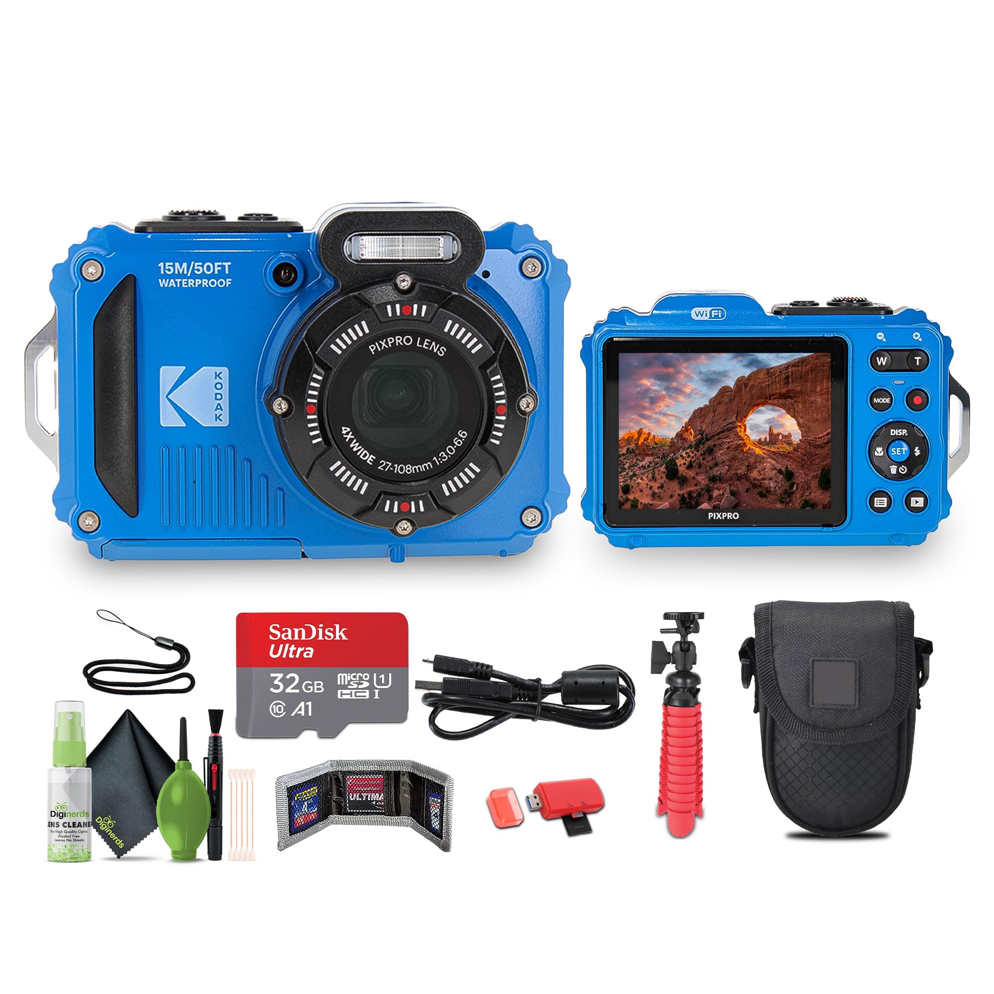 KODAK PIXPRO WPZ2 Rugged Waterproof Shockproof Dustproof WiFi Digital Vlogging Camera 16MP (Blue) Bundle with 32GB Memory Card + Vlogger Tripod + Bag + Cleaning Kit + More Accessories 1