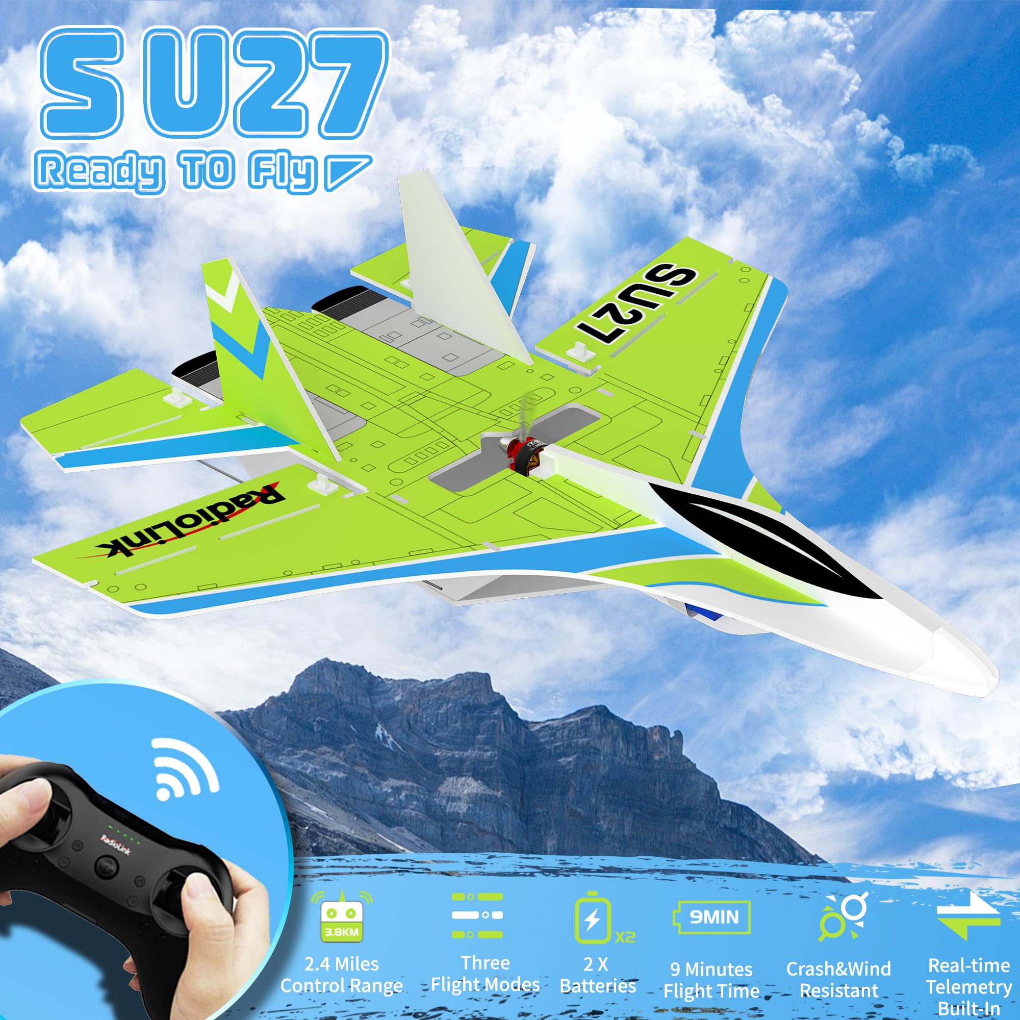 Radiolink SU27 RC Airplane Ready to Fly, 2.4GHz 3CH 2.4 Miles Long Range Aircraft, 4000KV Brushless Motor, 3 Flight Mode with T8S Transmitter & R8XM Receiver, Byme-DB FC, for Beginner or Experienced 3