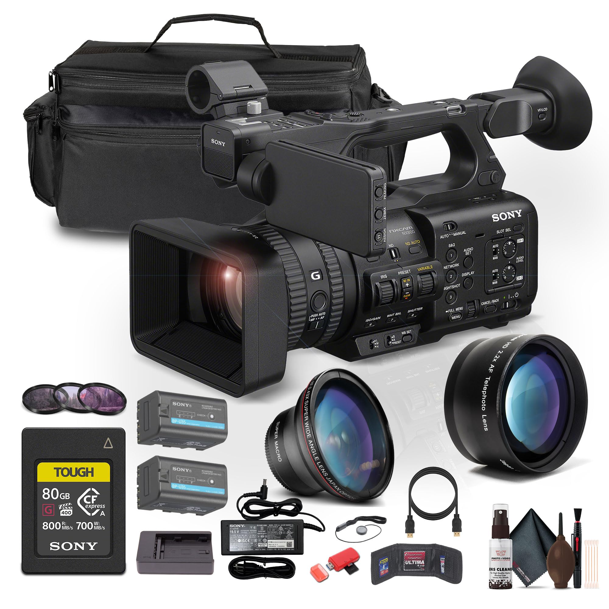 Sony PXW-Z200 4K 1" CMOS Sensor XDCAM Camcorder (PXW-Z200) W 80GB CFexpress Card + BP-U35 Battery + Large Case + Telephoto Lens + Card Reader + Filter Kit + Wide Angle Lens + More 1