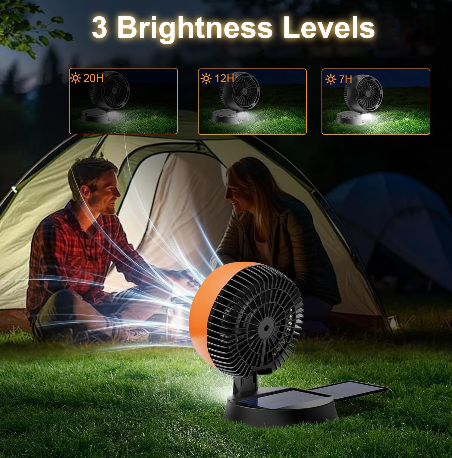 Solar Powered Fan with Lights, Portable Solar Camping Fan Rechargeable Battery Powered, 4 Speeds Quiet Detachable Panel Camping Essentials for Office Outside Tent Travel BBQ Fishing Hurricane Outages 5